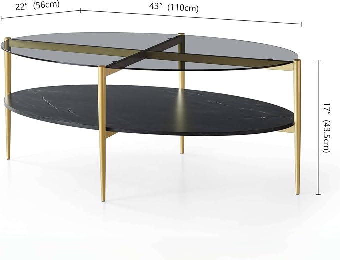 LumFurn Oval Glass Coffee Table, Mid-Century Modern Design, L43 x W22 x H17 inch, Surfboard Shaped Grey Glass Top and Black Marble Finish Wood Shelf, Tapered Legs with Gold Finish Frame