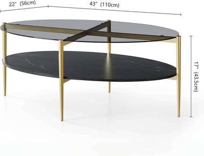 LumFurn Oval Glass Coffee Table, Mid-Century Modern Design, L43 x W22 x H17 inch, Surfboard Shaped Grey Glass Top and Black Marble Finish Wood Shelf, Tapered Legs with Gold Finish Frame