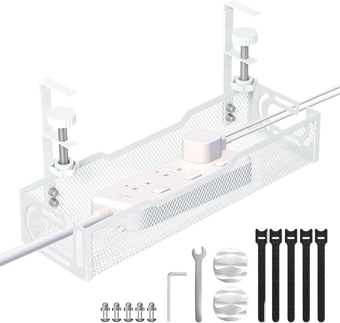 Under Desk Cable Management Tray, No Drill Mesh Desk Cable Tray, Wire Management Tray Cable Management Rack, Wire Organizer and Cable Management Box (White)