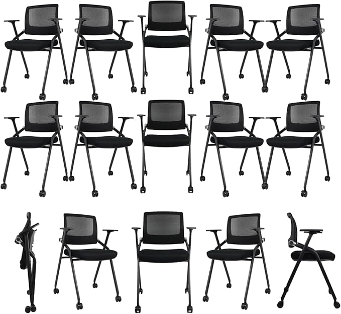 20 Pack Foldable Office Chairs with Wheels, Mesh Back, Arms and Portable - Folding Office Chairs Stackable for Conference Room Chair, Office Guest & Reception & Meeting Chair - (Black) 300 lbs.