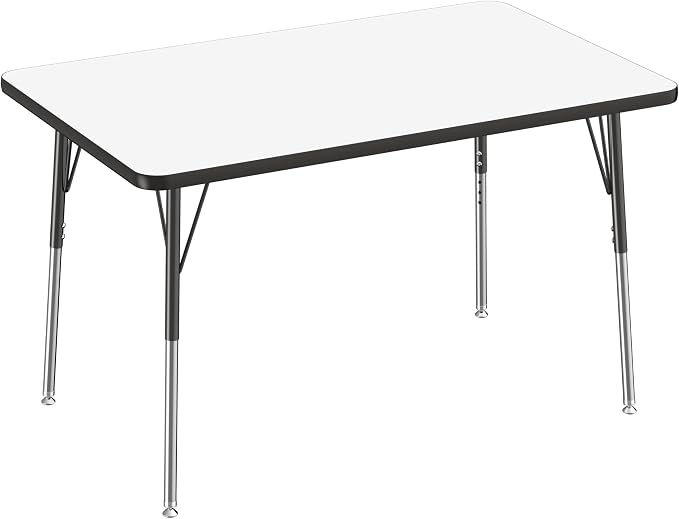 FDP Dry-Erase Rectangle Activity School and Office Table (30 x 48 inch), Standard Legs with Swivel Glides, Adjustable Height 19-30 inches; Quick Ship Single Box - Whiteboard Top and Black Edge