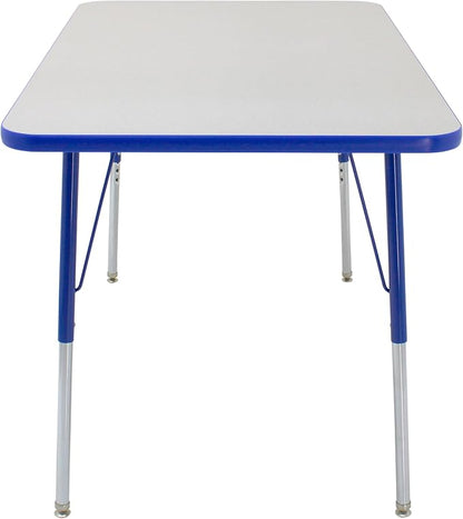 FDP Rectangle Activity School and Office Table (30 x 48 inch), Standard Legs with Swivel Glides, Adjustable Height 19-30 inches; Quick Ship Single Box - Gray Top and Blue Edge