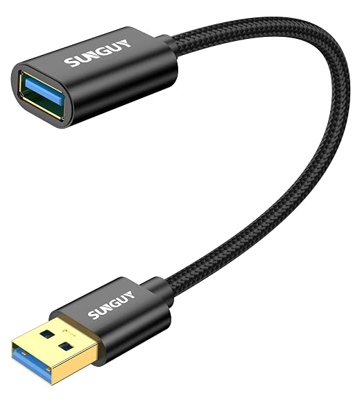 SUNGUY 5Gbps USB 3.0 Extension Cable, 1FT USB A Male to Female Extender Cord, Braided High Data Transfer Compatible with Xbox, Hard Drive, Webcam, USB Keyboard, Mouse, Flash Drive, Oculus VR, Black