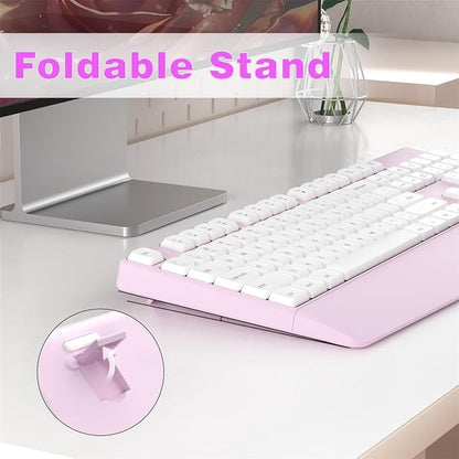 Wireless Keyboard and Mouse Combo, Ergonomic Keyboard with Wrist Rest, 2.4Ghz Wireless Connection, Compatible with PC/Laptop/Windows/Mac for Home and Office Use (White Pink)