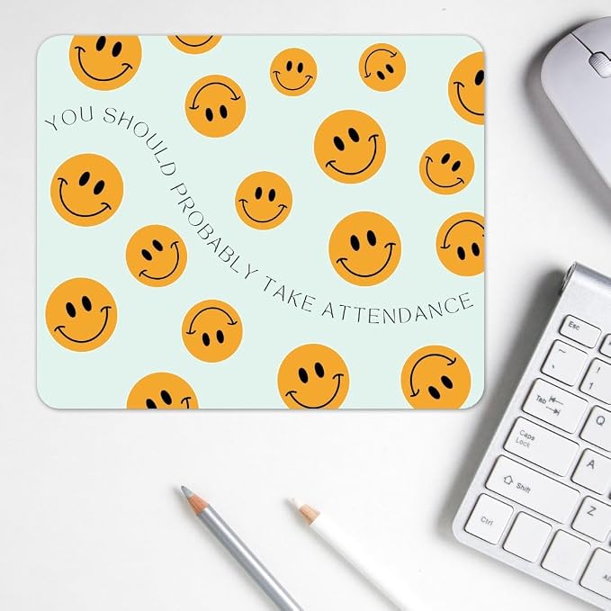 Generic Smiley Face Take Attendance Mousepad, Funny Teacher Gift, Funny Teacher Mousepad, Mint and Yellow, 9 x 7 Inches, Non-slip