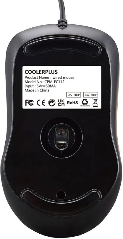 COOLERPLUS FC112 USB Optical Wired Computer Mouse with Easy Click for Office and Home, 1000DPI, Premium and Portable,Compatible with Windows PC, Laptop, Desktop, Notebook (Black)