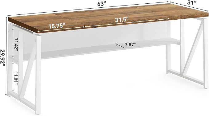LITTLE TREE 63-Inch Executive Office Desk, Large Computer Desk with Storage Shelf, Executive Desk with Metal Frame, Thickened Desktop, Study Writing Desk Work Station for Home Office, Rustic + White
