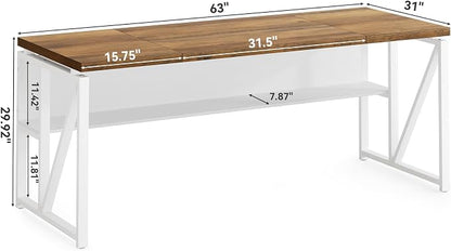 LITTLE TREE 63-Inch Executive Office Desk, Large Computer Desk with Storage Shelf, Executive Desk with Metal Frame, Thickened Desktop, Study Writing Desk Work Station for Home Office, Rustic + White