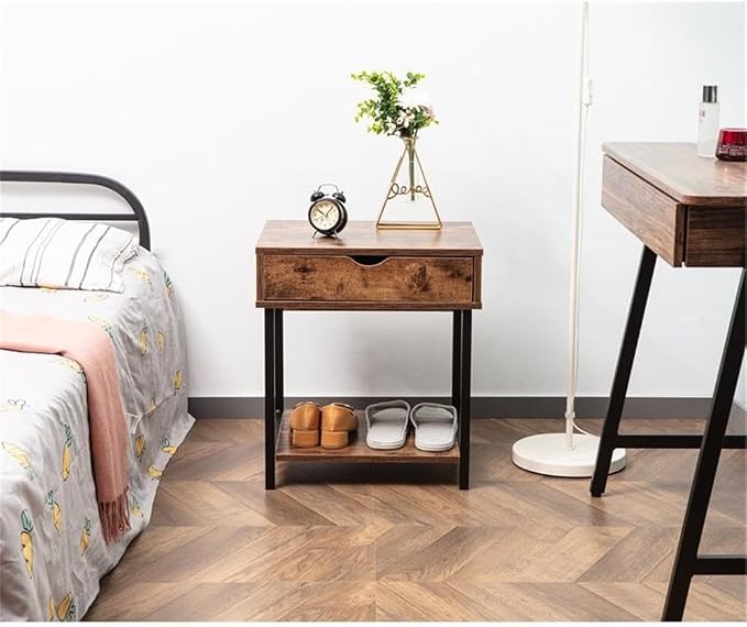 JJS Side End Table, Nightstand, Bedside Table with Drawer and Storage Shelves, Sofa Table for Living Room, Bedroom, Accent Furniture, Easy Assembly, Rustic Brown
