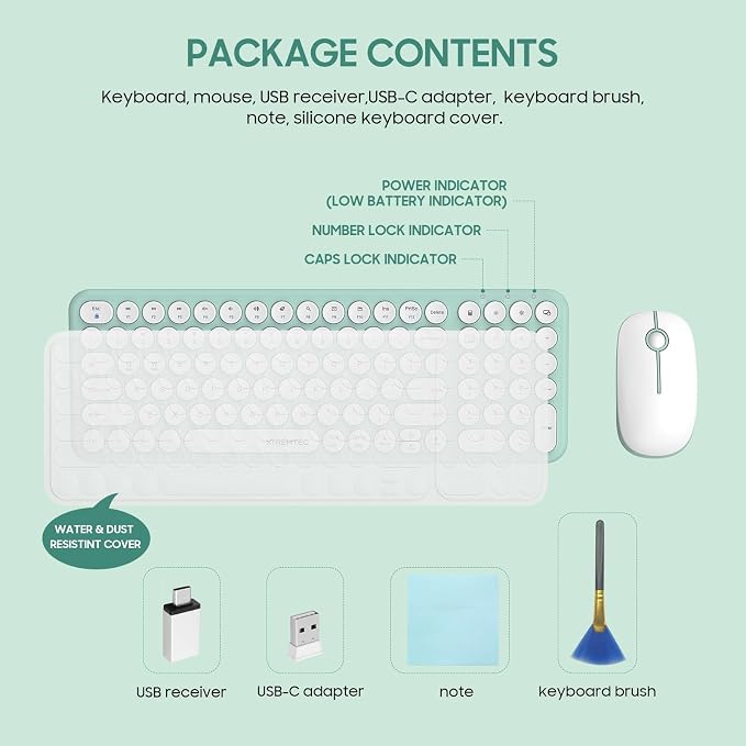 Wireless Keyboard and Mouse Combo,XTREMTEC 2.4GHz Quiet Slim Cute Round Keycap Compact Size Green Kawaii Cordless Retro Keyboard Mouse Set Home Office Accessories for Mac/Windows(Macaron Green)