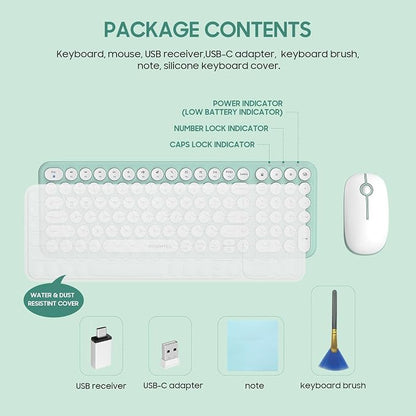 Wireless Keyboard and Mouse Combo,XTREMTEC 2.4GHz Quiet Slim Cute Round Keycap Compact Size Green Kawaii Cordless Retro Keyboard Mouse Set Home Office Accessories for Mac/Windows(Macaron Green)
