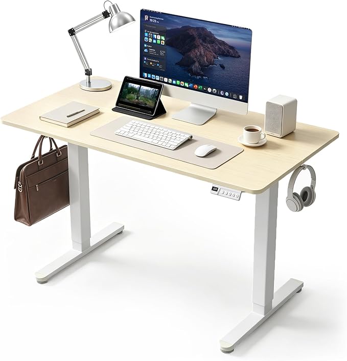 Adjustable Standing Desk, 40x24 Inch Electric Desk with 3 Memory Presets & Child Lock, Quiet Motor, Heavy Duty Steel Frame, Dual Hooks & Adjustable Feet, for Dual Monitors, Natural