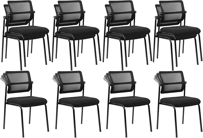CLATINA Stackable Mesh Office Chair with Wheels Armless Guest Waiting Stacking Chair with Ergonomic Lumbar Support, for Conference, Lobby, School, Reception, Black 8Pack