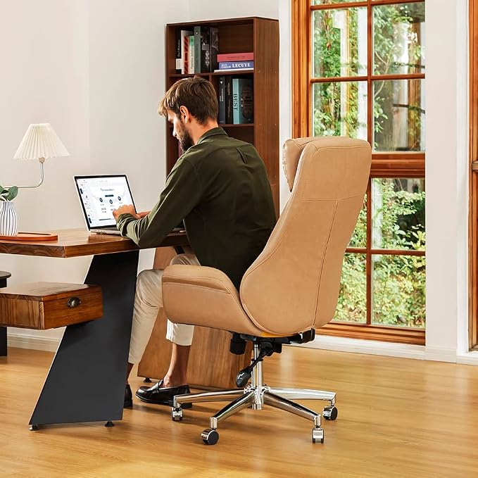 Glitzhome Adjustable High-Back Office Chair Executive Swivel Chair PU Leather Desk Chair, Camel