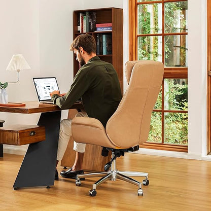 Glitzhome Adjustable High-Back Office Chair Executive Swivel Chair PU Leather Desk Chair, Camel