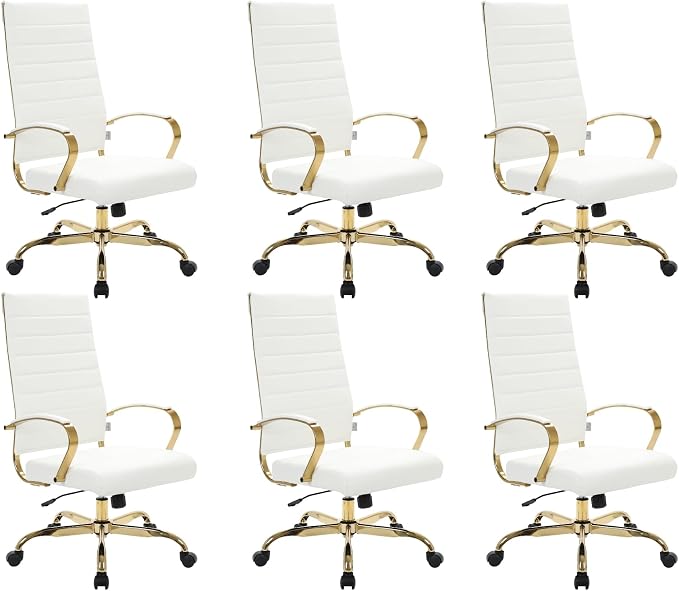 LeisureMod Modern High-Back Leather Office Chair - Swivel & Adjustable Executive Desk Chair with Gold Frame, Ergonomic Design for Home & Office (White, Set of 6)