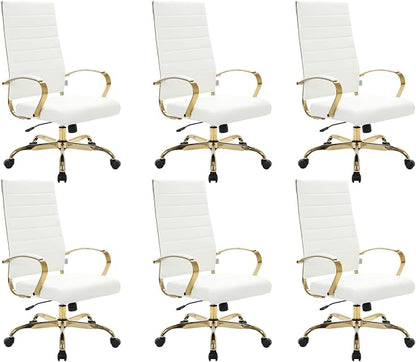 LeisureMod Modern High-Back Leather Office Chair - Swivel & Adjustable Executive Desk Chair with Gold Frame, Ergonomic Design for Home & Office (White, Set of 6)