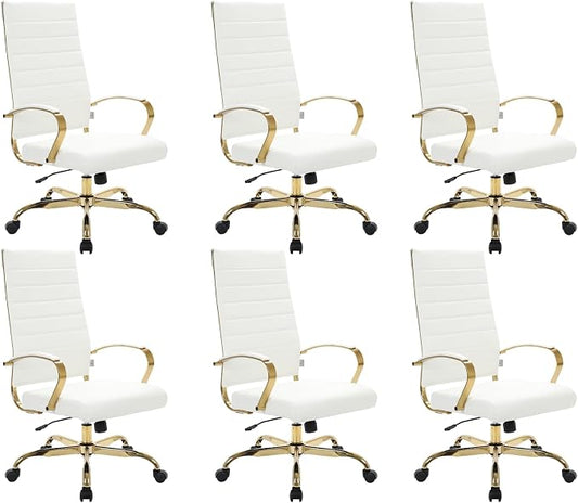 LeisureMod Modern High-Back Leather Office Chair - Swivel & Adjustable Executive Desk Chair with Gold Frame, Ergonomic Design for Home & Office (White, Set of 6)