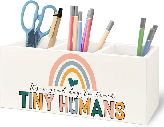Teacher Appreciation Gifts, Boho Rainbow Teacher Wooden Pen Pencil Holder for Office Desk, Back to School Supplies Gifts for Teachers, It's a Good Day to Teach Tiny Humans