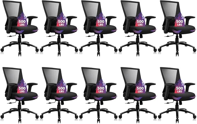 CLATINA Big and Tall Office Chair Heavy Duty Ergonomic Desk Chair 500lbs with Flip-up Arms & Wide Thick Seat Cushion Home Executive Swivel Mesh Chair for Study, Conference, Black, 10 PK