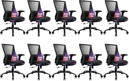 CLATINA Big and Tall Office Chair Heavy Duty Ergonomic Desk Chair 500lbs with Flip-up Arms & Wide Thick Seat Cushion Home Executive Swivel Mesh Chair for Study, Conference, Black, 10 PK