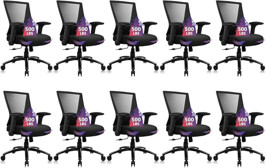 CLATINA Big and Tall Office Chair Heavy Duty Ergonomic Desk Chair 500lbs with Flip-up Arms & Wide Thick Seat Cushion Home Executive Swivel Mesh Chair for Study, Conference, Black, 10 PK