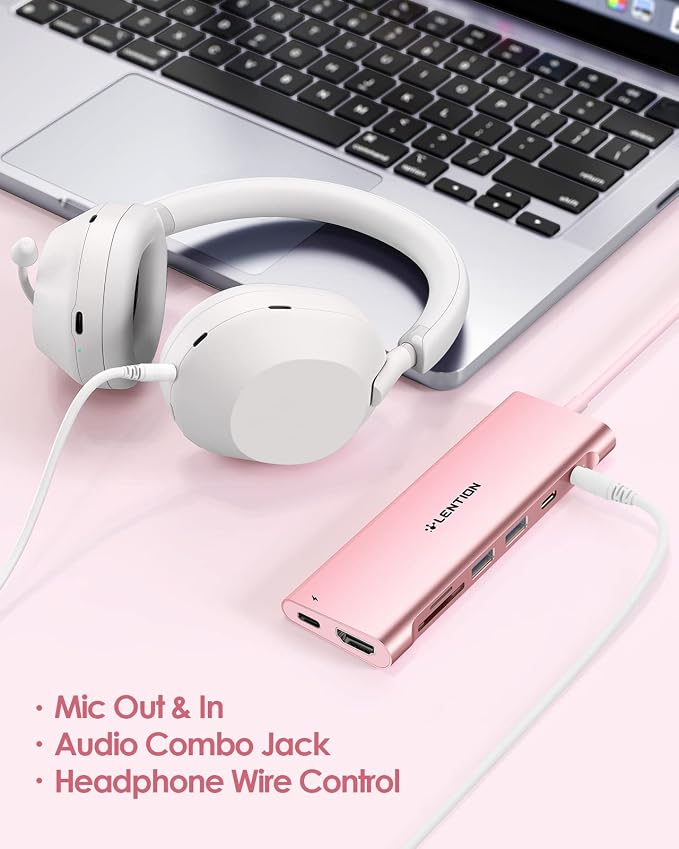 LENTION 3.3FT Long Cable USB C Hub with 4K HDMI, 100W PD, USB 3.0 A&C Data, Card Reader&LED Indicator for MacBook Pro/Air, Dell XPS, HP, Chromebook, Stable Driver Adapter (C37-1M, Rose Gold)