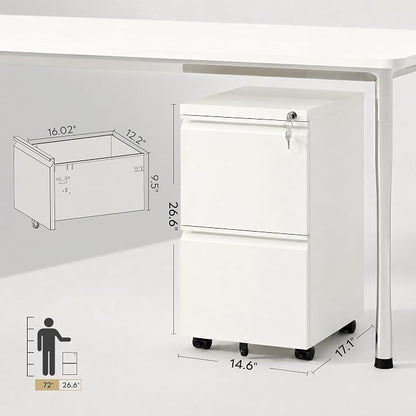 DEVAISE 2 Drawer Mobile File Cabinet with Lock, Commercial Vertical Metal Filing Cabinet for Home Office, Fully Assembled Except Casters, White