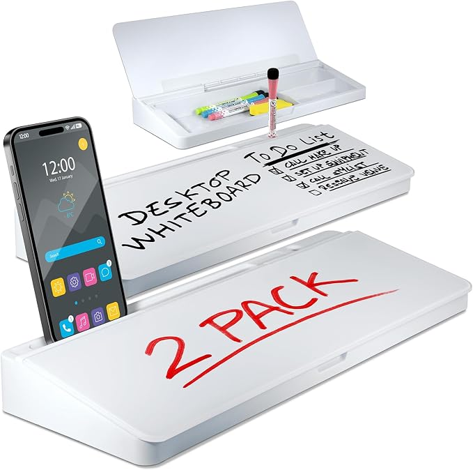 Desktop Whiteboard - Glass Dry Erase White Board - Desk Computer Buddy – Home Office & Studying Essentials - with Phone & Tablet Slot, Storage Compartment - Includes 4 Markers, 1 Eraser (2 Pack)