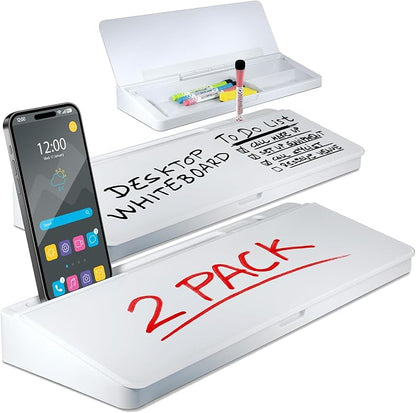 Desktop Whiteboard - Glass Dry Erase White Board - Desk Computer Buddy – Home Office & Studying Essentials - with Phone & Tablet Slot, Storage Compartment - Includes 4 Markers, 1 Eraser (2 Pack)