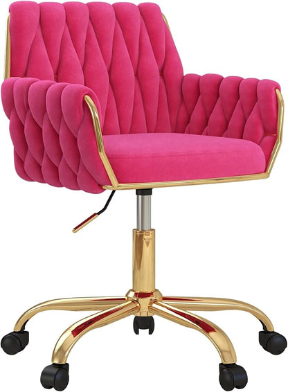 Velvet Home Office Chair, Modern Height-Adjustable Vanity Chair with Golden Base and Hand-Woven Backrest for Bedroom/Study/Vanity (Hot Pink)