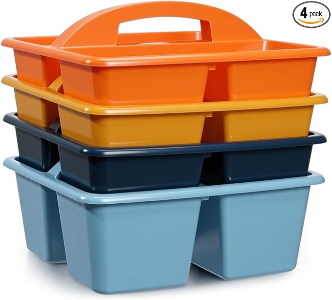 Kathfly 4 Pack Classroom Caddy Organizer with Handle, Plastic Art Craft Cleaning Caddy Bulk, Small Multipurpose Supply Organization Storage Basket for Table Desk Office Pencil Teacher (Blue Orange)