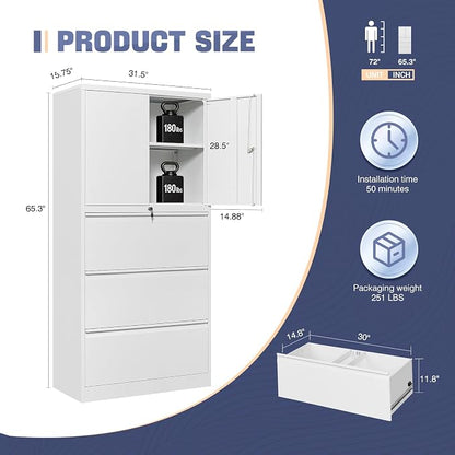 3 Drawer Lateral File Cabinet, Office Storage Cabinet with 3 Wide&Deep Drawers and Locking Doors, White Metal Cabinet with Adjustable Shelves for Home Office, Fits A4/Letter/Legal Size Folders