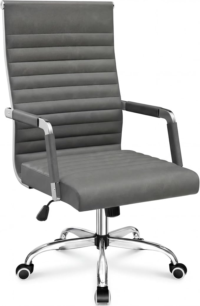Shahoo Ribbed Office Chair, Mid-Back PU Leather Office Chair Executive Task Chair with 360° Swivel Wheels for Conference Room, Home Offices (Bicolor Vintage Grey)