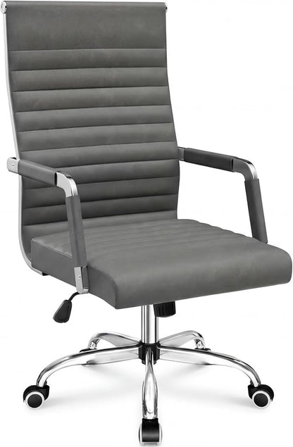 Shahoo Ribbed Office Chair, Mid-Back PU Leather Office Chair Executive Task Chair with 360° Swivel Wheels for Conference Room, Home Offices (Bicolor Vintage Grey)