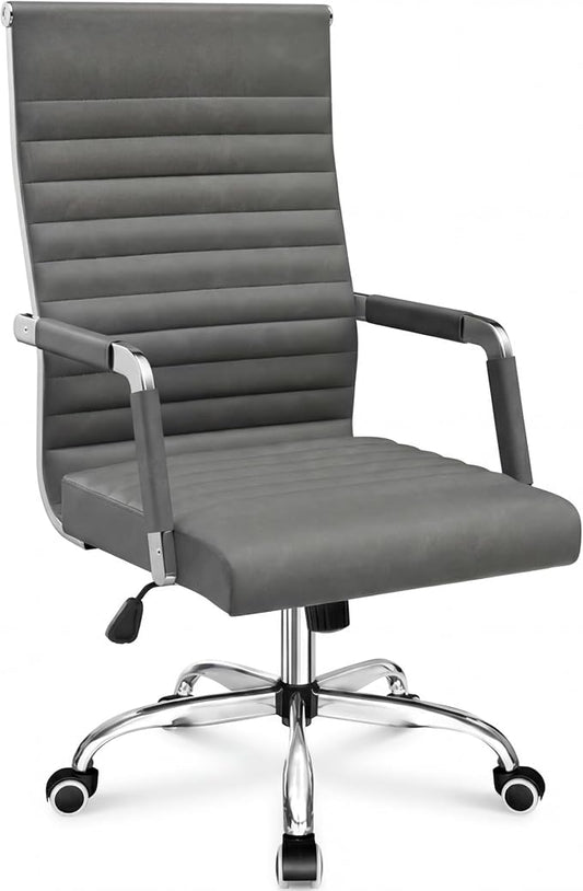 Shahoo Ribbed Office Chair, Mid-Back PU Leather Office Chair Executive Task Chair with 360° Swivel Wheels for Conference Room, Home Offices (Bicolor Vintage Grey)