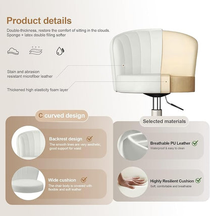 Small Desk Chair Round Rolling Chair with Back PU Leather Height Adjustable Swivel Vanity Work Computer Stool Chair for Home Office Bedroom, Set of 1