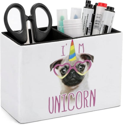 Niapessel Pencil Holder for Desk, Cute Pugs And Unicorns Pen Holder Storage Desktop Pen Organizer Desk Pencil Organizer Makeup Brush Holder for Office School College Leather