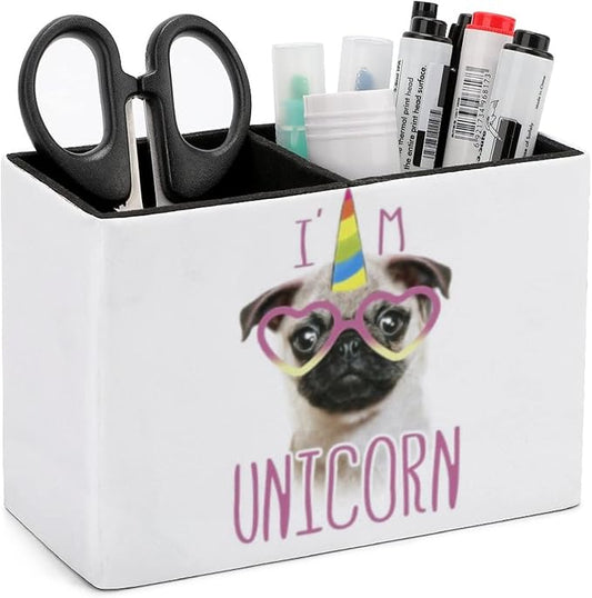 Niapessel Pencil Holder for Desk, Cute Pugs And Unicorns Pen Holder Storage Desktop Pen Organizer Desk Pencil Organizer Makeup Brush Holder for Office School College Leather
