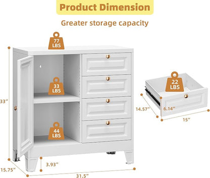 Bathroom Storage Cabinet with 4 Drawers,Metal Bathroom Floor Cabinet with Door and Shelves,Toilet Paper Storage Cabinet for Bathroom, 33" H x 31.5" W x 15.75" D,White