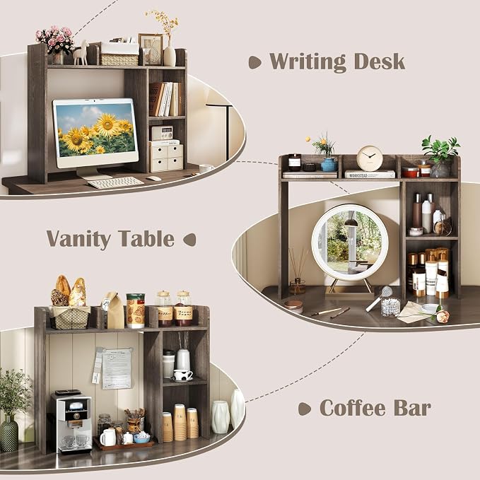 LDAILY Desktop Shelf, Multipurpose Wood Desk Hutch for Max 27" Computer Monitor, Countertop Storage Hutch with 5 Shelves, 3 Tier Desktop Display Rack for Dorm Office Home (Grey Oak)