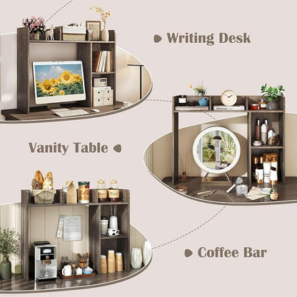 LDAILY Desktop Shelf, Multipurpose Wood Desk Hutch for Max 27" Computer Monitor, Countertop Storage Hutch with 5 Shelves, 3 Tier Desktop Display Rack for Dorm Office Home (Grey Oak)