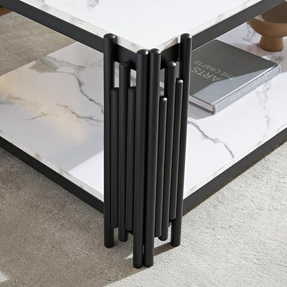 White Marble Coffee Table Set of 3, Faux Marble Coffee Table and 2 End Tables with Chrome Metal I-Base, Luxury Marble 3 Piece Living Room Table Set for Home Office Bedroom