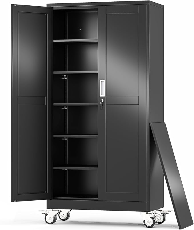 Metal Garage Storage Cabinets and storage system, 74”Tall Rolling utility cabinet with Wheels, Lock, 5 Adjustable Shelves, Heavy Duty Steel Tool Locker for Home Office, Utility Room, Gym,Black