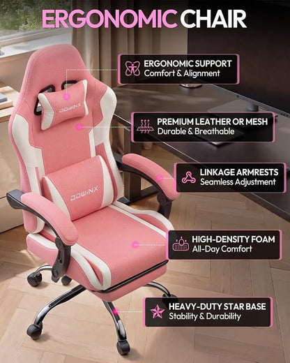 Dowinx Ergonomic Gaming Chair with Footrest & Massage Lumbar, 2D-Linkage Armrests for Computer Chair 330lbs with Headrest Pillow for Office, Home, Streaming and Long Gaming Sessions, Fabric Pink White