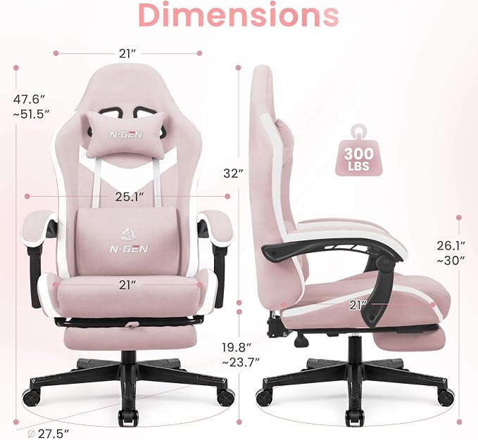 N-GEN GAMING Video Gaming Chair with Footrest Lumbar Support for Home Office High Back Recliner Height Adjustable Ergonomic Comfy Fabric Computer Desk Chair (Pink)