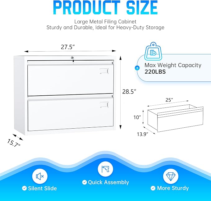 Greenvelly 2 Drawer Filing Cabinet, White Lateral File Cabinet with Lock, Metal File Cabinets with Adjustable Hanging Bars&2 Keys, Locking File Cabinet for Home Office, Legal/F4/Letter, Etc