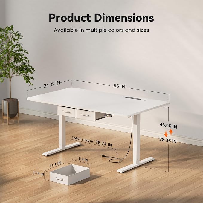 HLDIRECT 55" Electric Standing Desk with Outlets & 2 Drawers, White | 31.5" extra-wide desktop, 176lb, 28.3"- 46" height range, 3 memory presets, home office ergonomic workstation