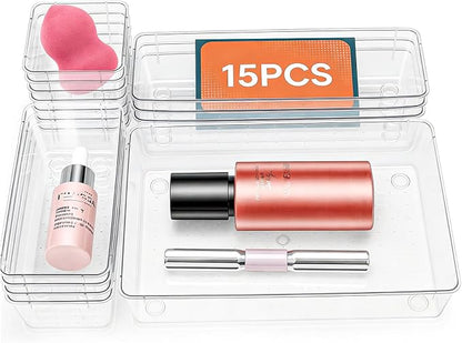 15 Pack Clear Plastic Drawer Organizer Set - 4 Sizes Makeup Vanity Organizer Chest of Drawers Storage Stackable Organizers Bins Divider Box for kitchens, Bedrooms, Bathrooms, Offices, Junk, Gadgets