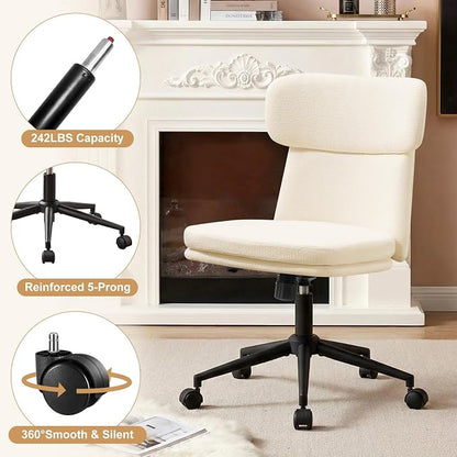 Furniliving Armless Office Chair, Upholstered Chenille Desk Chair with Wheels, Adjustable Swivel Computer Vanity Chair with Double-Layer Cushion, Beige